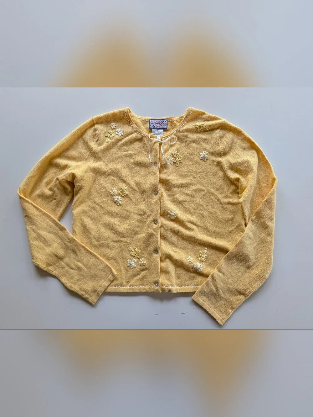 Vintage 90s April Cornell Cotton Ramie Butter Yellow Ribbon Trimmed Cardigan 💐